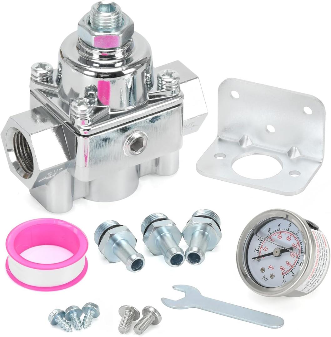 12-804 Adjustable Fuel Pressure Regulator with Gauge, Compatible with Holley and Edelbrock Carburetors, 1-4 PSI, 3/8" NPT, 1-in 2-Out