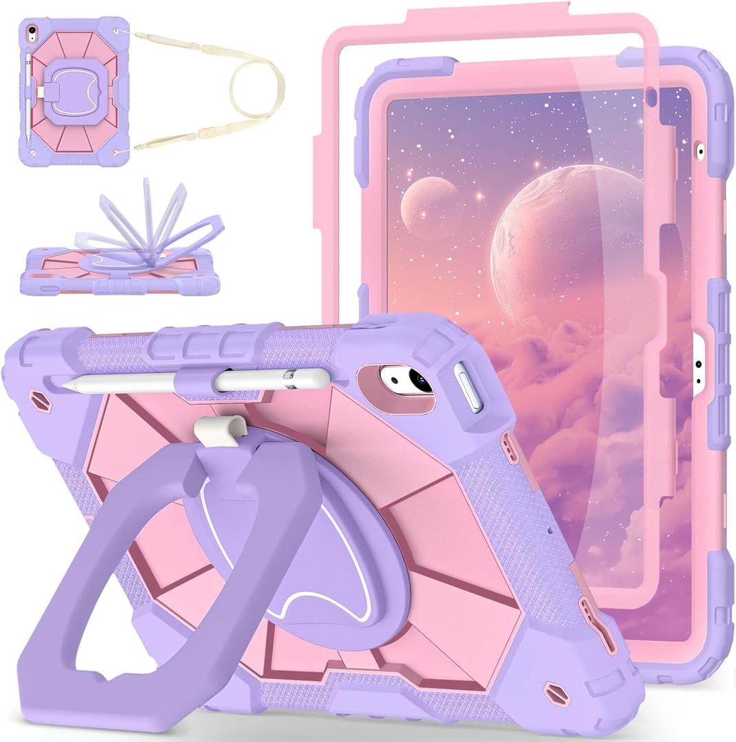 WESOROL Case for iPad (A16) 11th/10th Generation 2025/2022 with Screen Protector Rotating Stand Pencil Holder iPad Case 10th Generation Shockproof Cover for iPad 11th/10th Gen Cases,Purple Rose