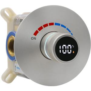 Round Digital Display Shower Valve Shower Diverter Single Way Shower Mixing Valve Concealed Installation in Wall for Bathroom Brushed Nickel