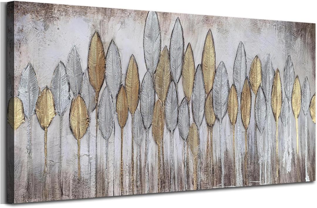 Acocifi Beige Neutral Canvas Wall Art Living Room, Large Abstract Gold Leaf Textured Painting, Modern Minimalist Picture Artwork Framed for Bedroom Dining Room Office Home Decor 48"x24"