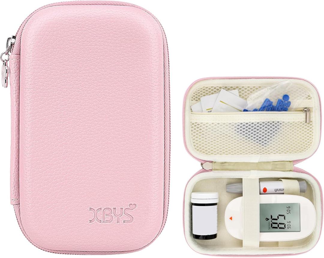 Hard Shell Diabetic Monitor Case, Glucose Meter Kit Storage Organizer, Diabetes Travel Bag for Glucometer, Supplies, Blood Sugar Test Strips, Lancets & Syringes (Pink, Medium)
