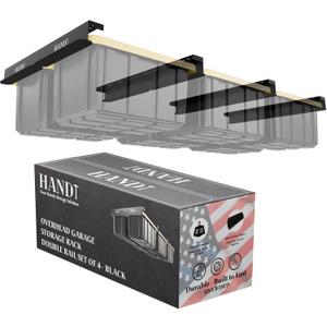 USA Based Overhead Garage Storage Rack, Connectable Heavy Duty Metal Ceiling Rails Garage Storage Organization Shelving System, Hanging Racks Tote Containers, Supports Up To 6 Bins, 4 Sets Black