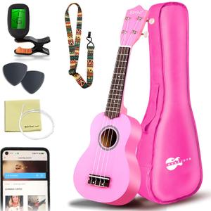 Everjoys Soprano Ukulele Beginner Pack-21 Inch w/Free Online Lesson Gig Bag Digital Tuner Pick All in One Kit (Pink)