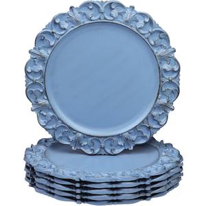 13" Antique Blue Charger Plates, Set Of 6 Plastic Textured Chargers For Dinner Plates With Embossed Rim, Table Dcor, Party, Wedding, Holiday (FD04BL)