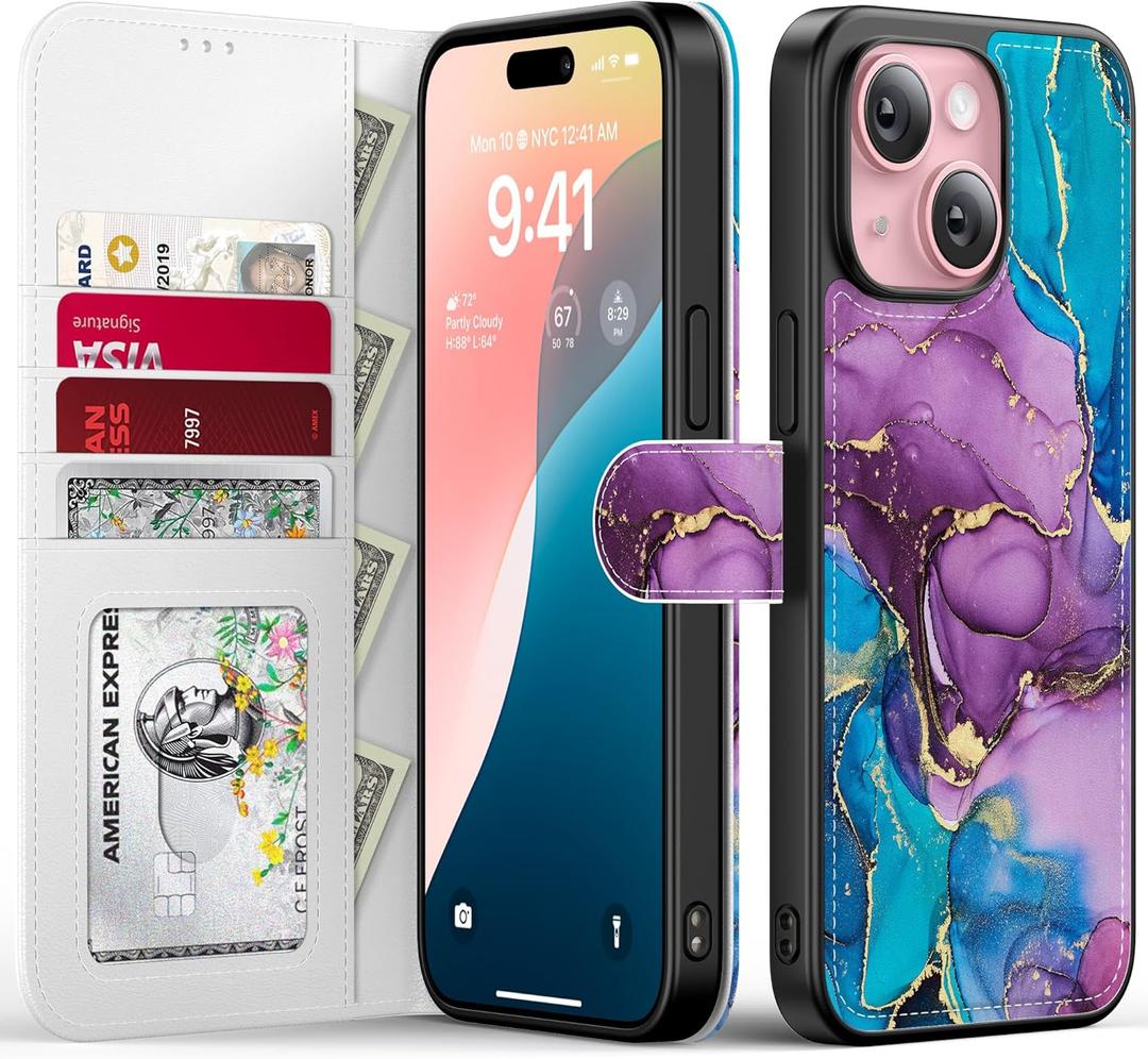 FUNMIKO for iPhone 13 Mini Case Wallet,Detachable Flip Folio Leather Cover,RFID Blocking 4 Card Slots Holder,Magnetic Kickstand,Protective Phone Shell for Women Girls 5.4",Teal Purple Marble