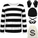 JUANSI Adult Halloweent Robber Costume Set Black and White Striped Tee Shirt Canvas Bag Gloves Eye Patch and Beanie Cap (Small, Male)