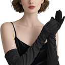 THARAHT Women Long Gloves with Satin Elbow Length for 1920s Opera Tea Party Costumes Bridal Evening Dress (Black)
