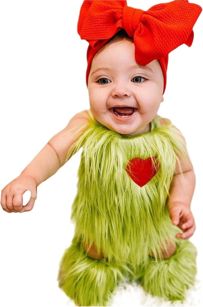Toddler Baby Green Furry Monster Costume Christmas Sleeveless Plush Romper and Leg Warmers Headband 3 Piece Sets (0-6 Months)