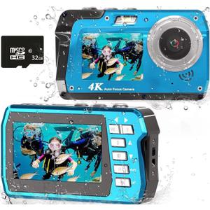 Waterproof Digital Camera, Underwater Camera with 32GB Card(Installed), 4K FHD 48MP Dual-Screen Selfie Under Water Camera for Photography, 10FT Waterproof Camera for Snorkeling, Surfing, Rafting (Blue)