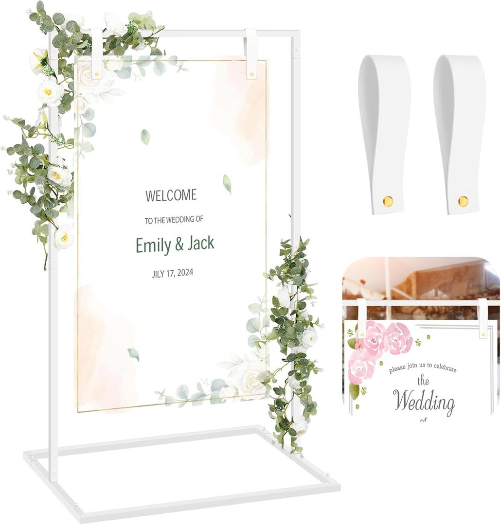Wedding Sign Stand 50 x 30 x 20 Welcome Easel to Our Wedding Sign Stand Display Metal Signage with 2 Pcs Leather Straps for Hanging Easel Welcome for Ceremony Party(White)