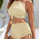 Women High Waisted Shorts Bikini Sets Tummy Control Swimsuit Two Piece Halter Drawstring Bathing Suit (Beige, M)