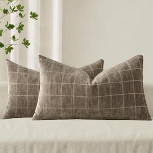 MIULEE Decorative Chenille Check Lumbar Throw Pillow Covers Vintage Plaid Couch Pillows 12x20 Inch Set of 2 Neutral Boho Farmhouse Cushion Covers Spring Decor for Sofa Bed Living Room Taupe Grey