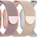 3 Pack Mesh Metal Band Compatible with Apple Watch Band  44mm 45mm 46mm 49mm, Stainless Steel Magnetic Loop Strap for iWatch Ultra 3 2 1 Series 11/10/9/8/SE/7/6/5/4/3 Men Women (L-Rose Gold/Milk Tea/Silver)
