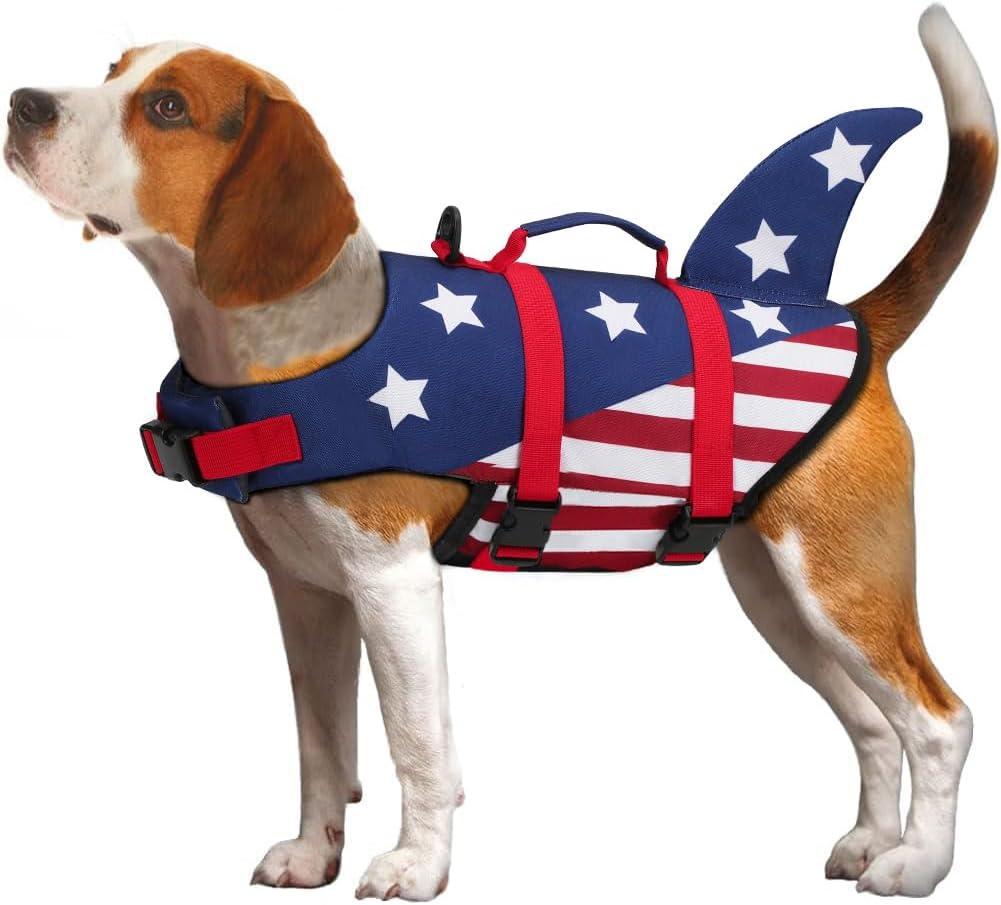 EMUST Dog Life Jacket, Ripstop Dog Lifesaver Vests with Rescue Handle for Small Medium and Large Dogs, Pet Safety Swimsuit Preserver for Swimming Pool Beach Boating (XS,StarFlag)