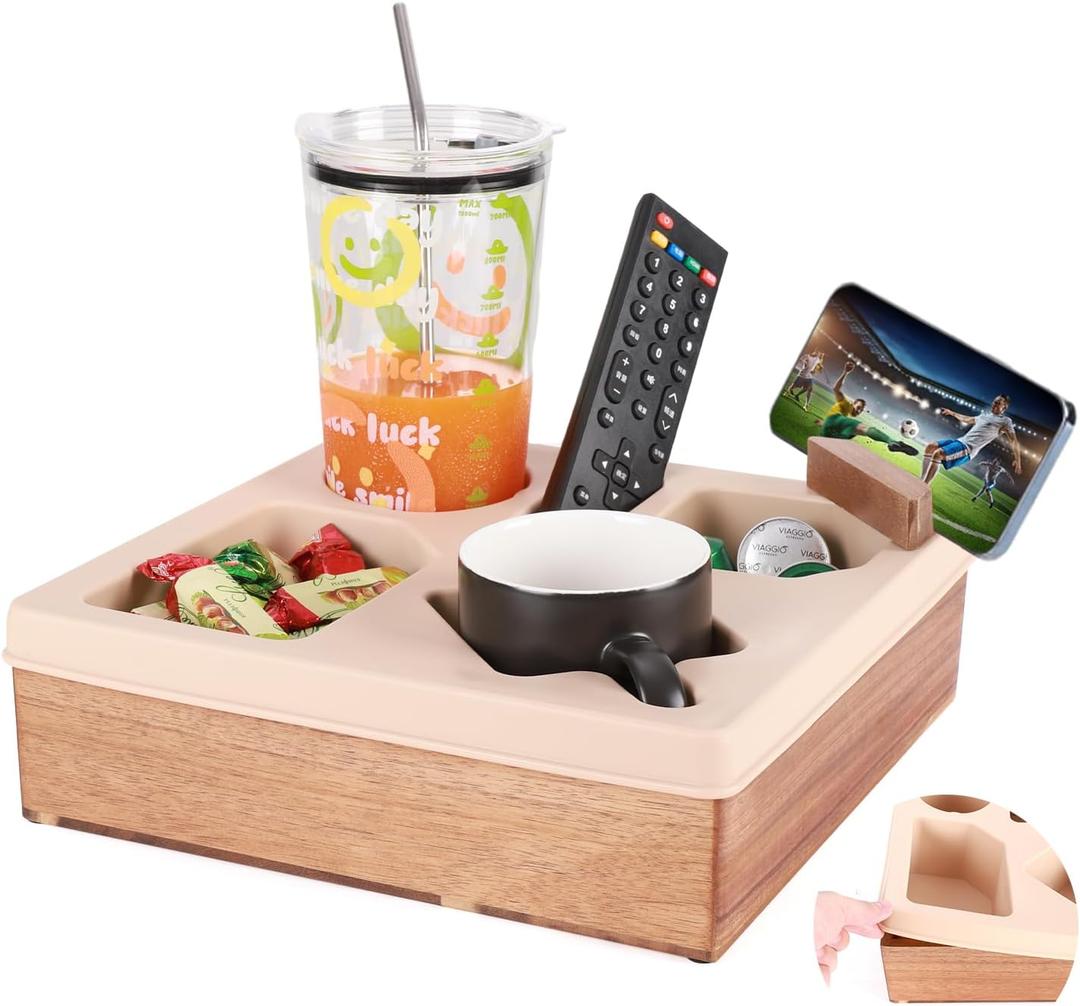 Couch Cup Holder Tray, Silicone Wooden Couch Caddy with Cup Holder for Snacks, Drinks, Remotes, Waterproof Cup Holder for Couch, Organizer, Couch Drink Holder (Beige)