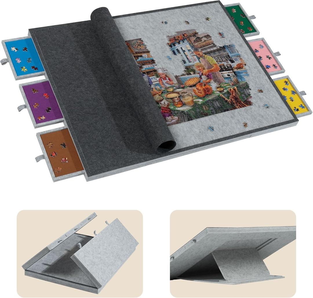 Tektalk 2000 Piece Foldable Jigsaw Puzzle Table with Cover, 3-Tilting-Angle Plateau, Lightweight Portable Felt Puzzle Board with 6 Sorting Drawers (Light  Gray)