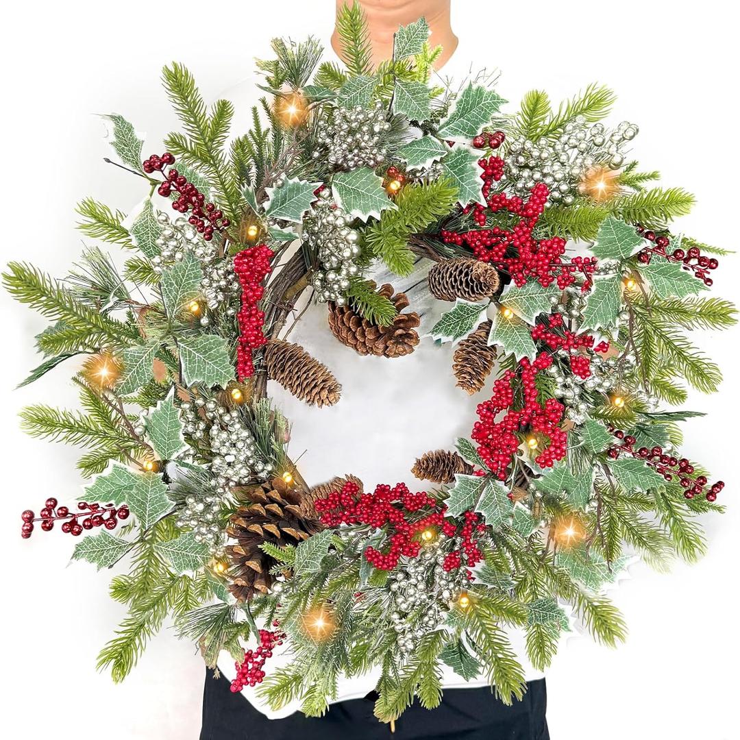 Timer - Christmas Wreath with Lights, 20" Christmas Wreaths for Front Door with 30LED Thick Norfolk PE Pine & Holly Leaves Red & Silver Berries Pinecones, Xmas Door Wreath for Indoor Outdoor Wall Home