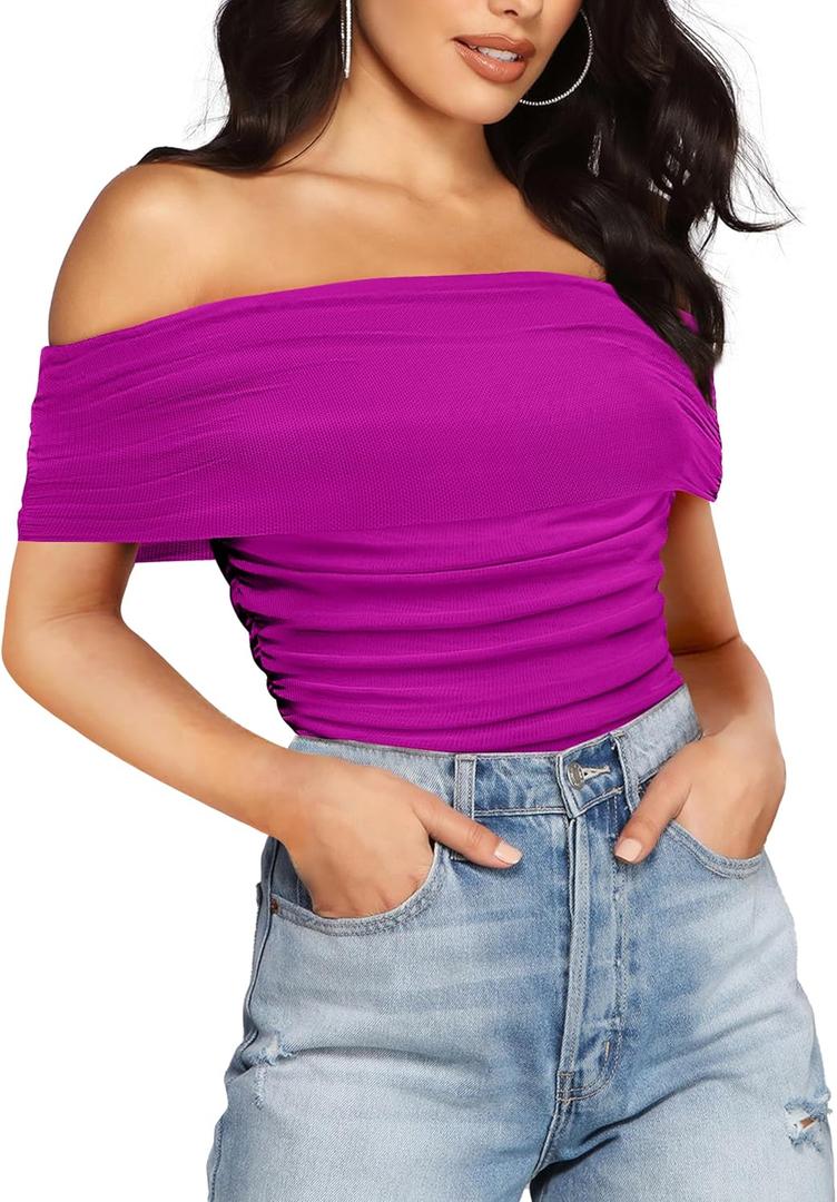 SAUNGKUAI Women's Short Sleeve Bodysuit Off the Shoulder Mesh Ruched One Piece Body Suits Summer Outfits (X-Large, Hotpink)
