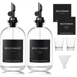 HomeFeel Black Glass Mouthwash Dispenser with Cups, 12.7 oz, 2 Pack - Clear Mouthwash Bottle with 304 Stainless Steel Spout & Minimalist Labels, Style Mouthwash Container for Bathroom