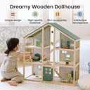 Tiny Land Wooden Dollhouse for Girls - 6 Rooms Wooden Doll House, DIY Pretend Doll House with 31Pcs Furniture Accessories, Creative Gift for Girl Ages 3+, Green, Large Size