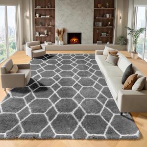 ONASAR 8x10 Area Rugs for Living Room, Fluffy Grey and White Bedroom Rug, Washable Geometric Boho Large Soft Plush Shaggy Fuzzy Floor Carpet for Nursery Kids Classroom Playroom Dorm Home Decor