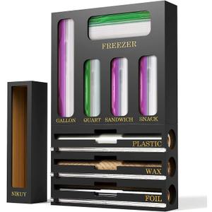 9 IN 1 Bamboo Foil and Plastic Wrap Organizer for Kitchen Drawer, Plastic Bag Organizer Organization and Storage, Food Storage Bag Organizer (BLACK)