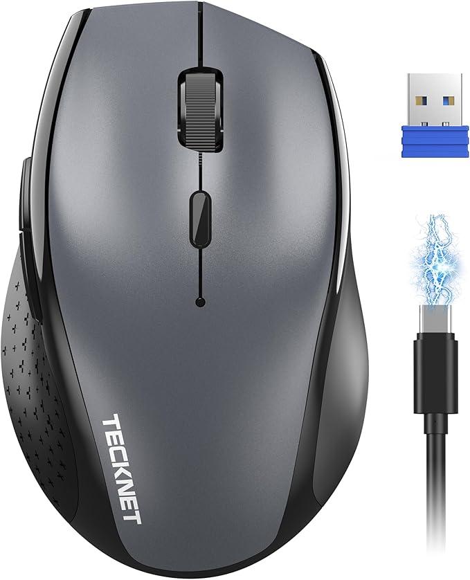 TECKNET Wireless Mouse Jiggler, USBC Rechargeable Mouse, Silent Mouse with USBC Adapter, 6400 DPI Ergonomic Mouse, Buildin Mouse Mover, 2.4G Computer Mice for Mac, Laptop, Desktop, PC, Grey