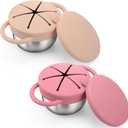 BUSOHA 2 Pack Stainless Steel Toddler Snack Cups - 9 OZ Spill-Proof Baby Snack Containers with Silicone Catcher and Lid Travel Snack Containers for Kids Dishwasher Safe Food Grade Silicone (Pink + Beige)