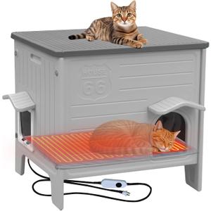 Rockever Heated Cat House for Outside in Winter, 100% Waterproof & Insulated Heated Cat House for Outdoor Cats with Heating Pad, Elevated Outdoor Cat House Safe Escape Door(L,Grey&Heating Pad)