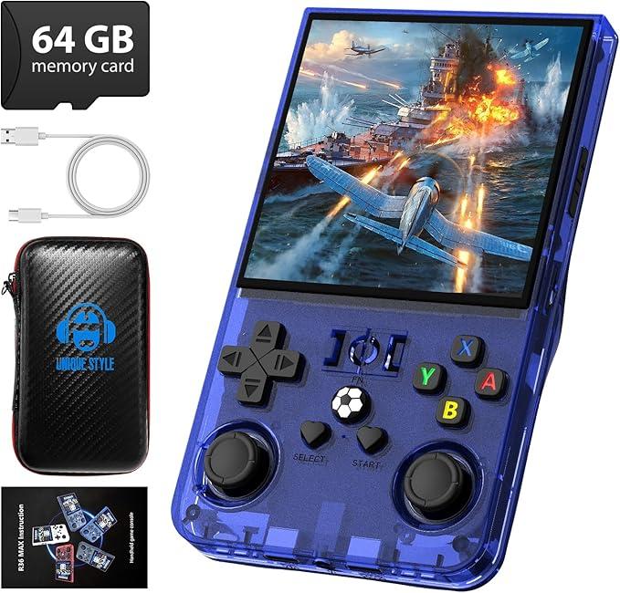 R36MAX Retro Handheld Game Console, 4.0 Inch 720x720 IPS Screen, 64GB Built-in 18,000+ Classic Game, Portable Hand Held Open Source Linux System, 4000mAh Battery Retro Gaming Console(Blue 64GB)