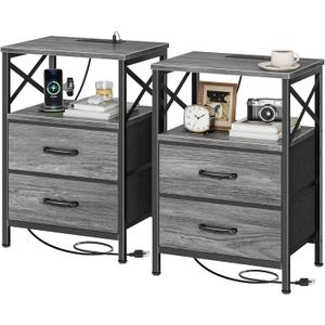 Huuger Nightstands Set of 2, Night Stand with Charger Station, 2 Drawer Side Table with Open Shelf, USB-C Port, End Table for Small Spaces, X Shaped Side Rail, Grey