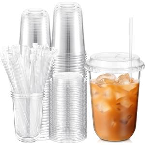 50 Sets Crystal Plastic Cups with Lids and Straws, Disposable Iced Coffee Cups Bulk PET, Cocktail, Smoothie, Milkshake, Cold Drinks, Juice, Wedding, Birthday, Coffee Shop, Party(16oz)