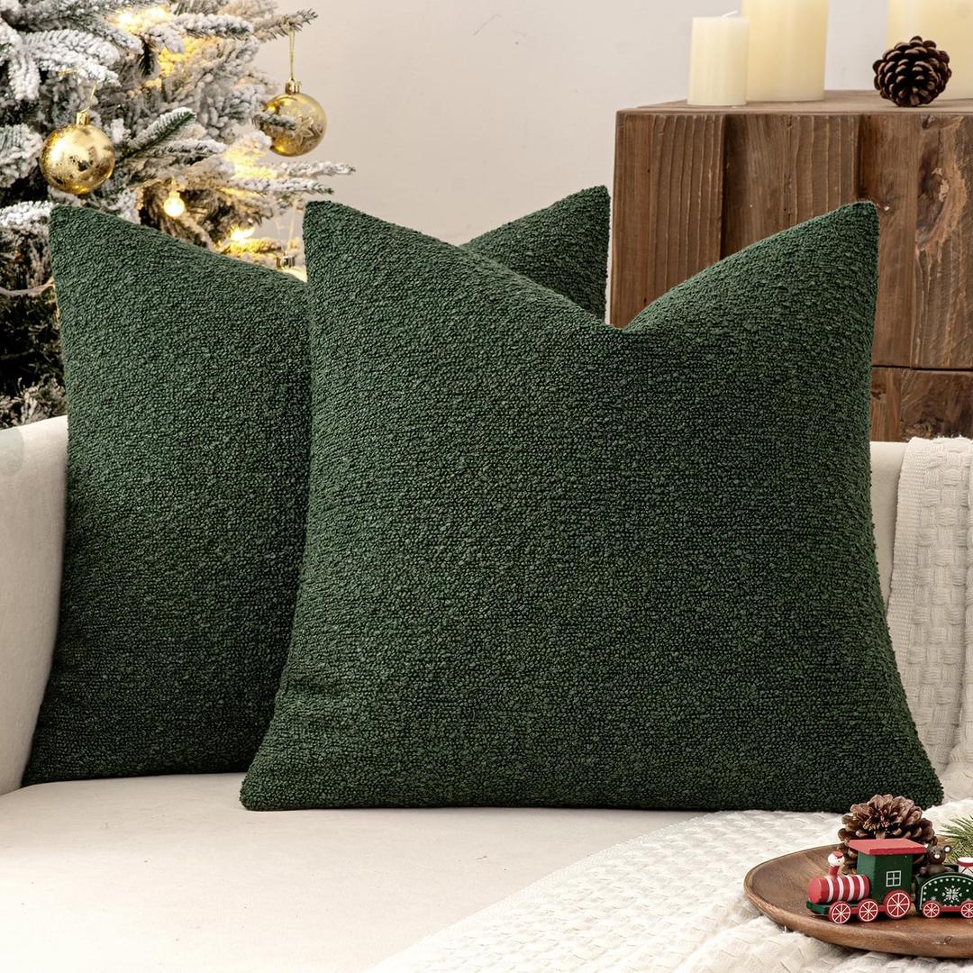 MIULEE 18x18 Inch Decorative Pillow Covers for Couch Bed Set of 2 Textured Boucle Neutral Throw Pillow Covers Dark Green Accent Solid Pillowcases Sofa Living Room Home Decor