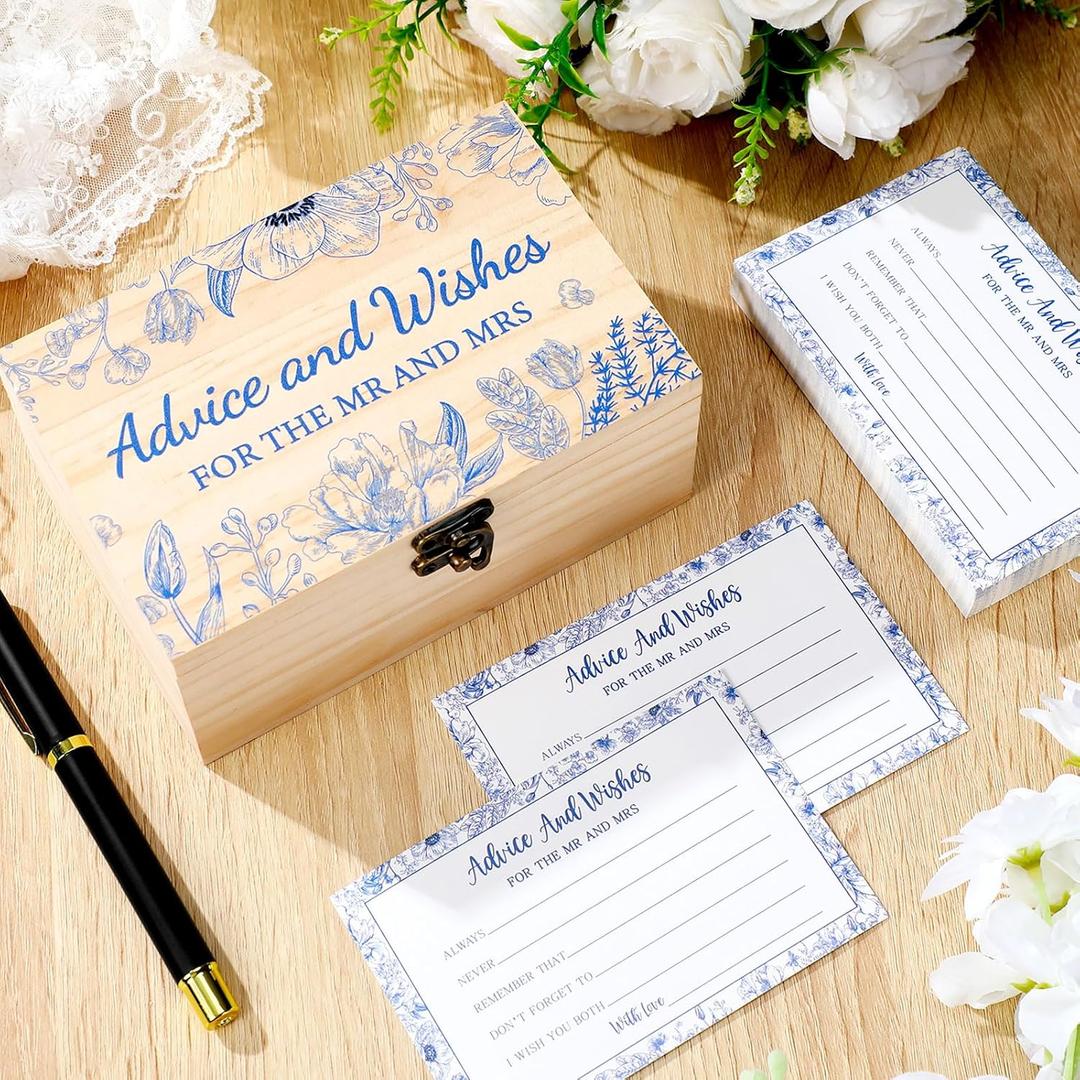 60 Pcs Bridal Shower Wedding Decorations Wooden Advice and Wishes Cards Box for Bridal Shower Party Favors Graduation Wish Cards Box(Blue Flower)