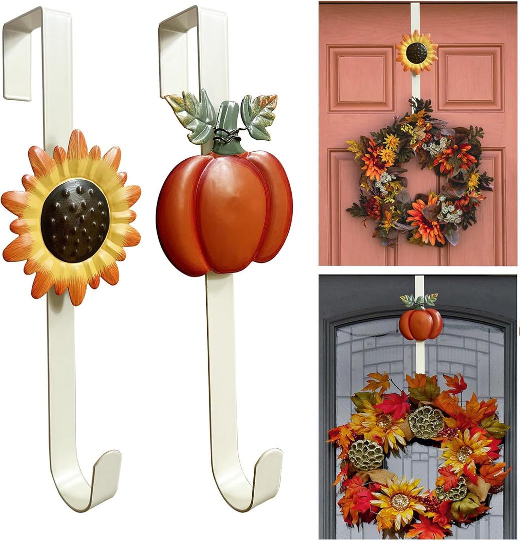 2 Pack Fall Wreath Door Hanger with Pumpkin & Sunflower, Fall Decoration Metal Over The Door Single Fall Wreath Hanger Ornament Halloween Wreath Hangers for Front Door, Door Wreath