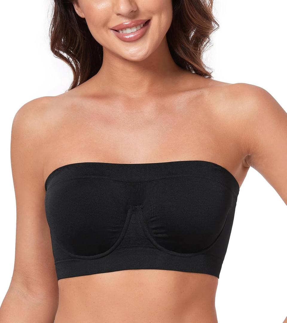 HACI Women's Non Padded Strapless Bra Underwire Bandeau Seamless Multiway Supportive Tube Top (Small, Black)