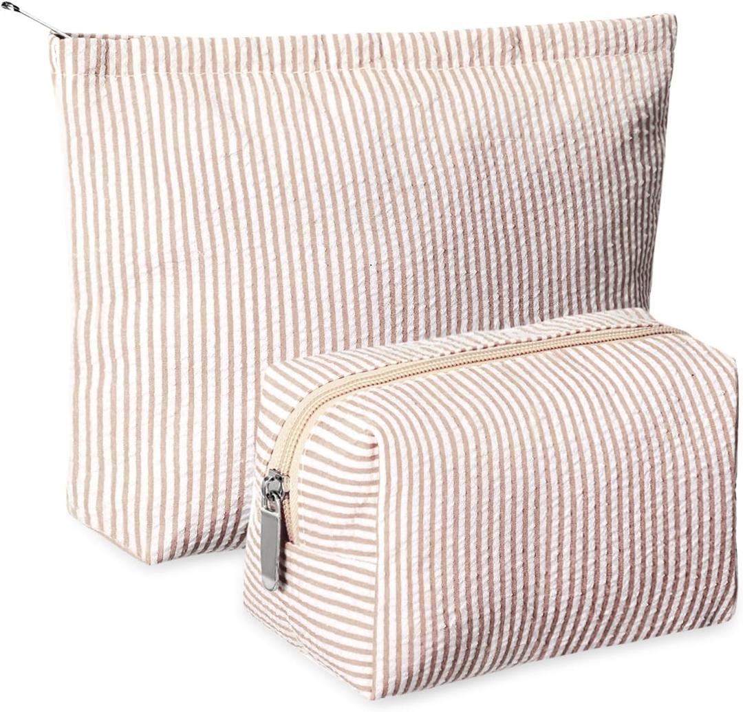 2 Pcs Makeup Bag Set Cute Cosmetic Pouch for Women Seersucker Travel Toiletry Bag Preppy Small Makeup Purse Pouch Aesthetic Skincare Brushes Storage Organizer for Valentine Women(Khaki)