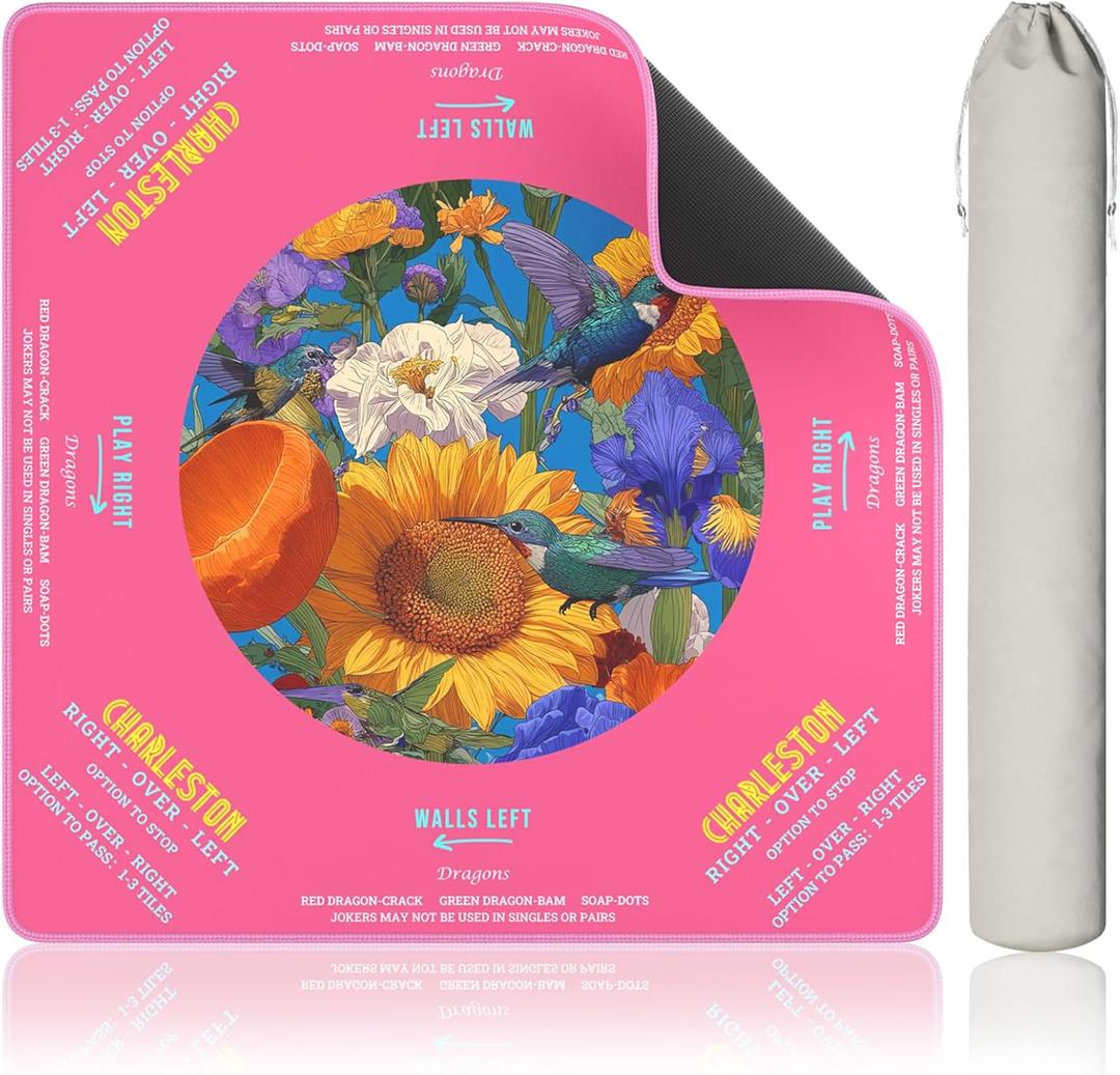 Mahjong Mat for Table, 31.5 x 31.5 Inch Non-Slip Mahjong Mat, Floral and Hummingbird Design Mahjong Table Mat, Foldable Soft Surface for American Mahjong & Tile Games (Pink)