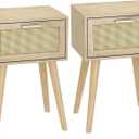LAATOOREE Bedside Table Set of 2, Boho End Table with Solid Wood Feet for Bedroom and Living Room (Natural)