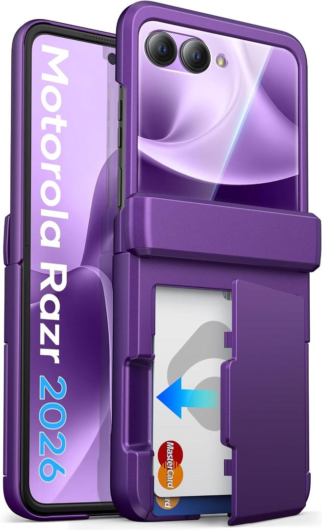 ASAFCASE for Motorola Razr 2026 Phone Case with Card Holder, Rugged Hinge Protection, Outer HD Screen Protector, Military Grade Drop Protection, Durable Hard Wallet Case for Razr 2026, Dark Purple