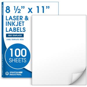 8.5" X 11" Full-Sheet Printable Labels Compatible with Inkjet and Laser Printers - 100 Sheets, 100 Matte White Paper Stickers for Shipping, Mailing, and DIY Projects - Spartan Industrial