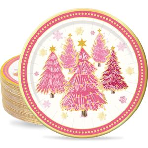 40Pcs 9 Inch Christmas Plates Merry Christmas Disposable Paper Plates Gold Foil Pink Xmas Tree Party Plates for Holiday Party Dinner Tableware Supplies Decor