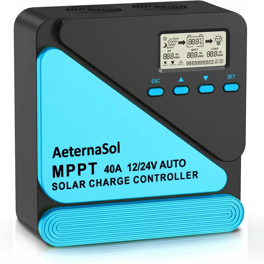 Solar Charge Controller 40A Charge Controllers 12/24V MPPT Solar Charge Controller with Adjustable LCD, Timer, Dual USB, Max Input 100V for LiFePO4/AGM/GEL/FLD Batteries (Blue)