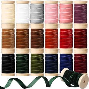 Chuangdi 18 Rolls 90 Yd Christmas Velvet Ribbon 3/8" Thin Velvet Ribbons Roll Wooden Spool Fabric Ribbons for Christmas Wreath Craft Ornaments Wedding Gift Wrapping Bows Xmas Trees(Classic Color)