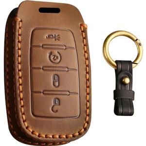Lightweight Premium Leather Car Key Fob Cover Case Compatible with Dodge Ram 1500 2500 2024 2025 3500 4500 2022 2023 5500 2025 2026 Full Protection Durable Key Shell Keychain 4 Buttons-Brown