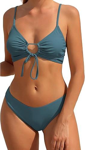 Bikini Set for Women Two Piece Swimsuits High Waisted Cut Out Tie Front Cheeky Crisscross Halter Bathing Suit (Small, G-blue Green)