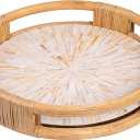 PEMAR 15" Round Serving Tray Mother of Pearl with Natural Rattan Handle Boho Decorative Wicker Basket Tray for Breakfast, Dinner, Coffee Table Decor (White Cream Sunlight)