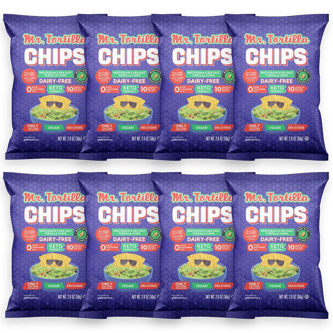 Mr. Tortilla's Crunchy Tortilla Chips - Keto-Friendly Vegan Snack Chips - 3 Net Carbs Per Serving, Crisps Cooked In Avocado Oil - Kosher, Zero Guilt Healthy - 2oz Bags, 4-Pack (Multigrain) (2 Ounce (Pack of 8)) (1 Count (Pack of 4))