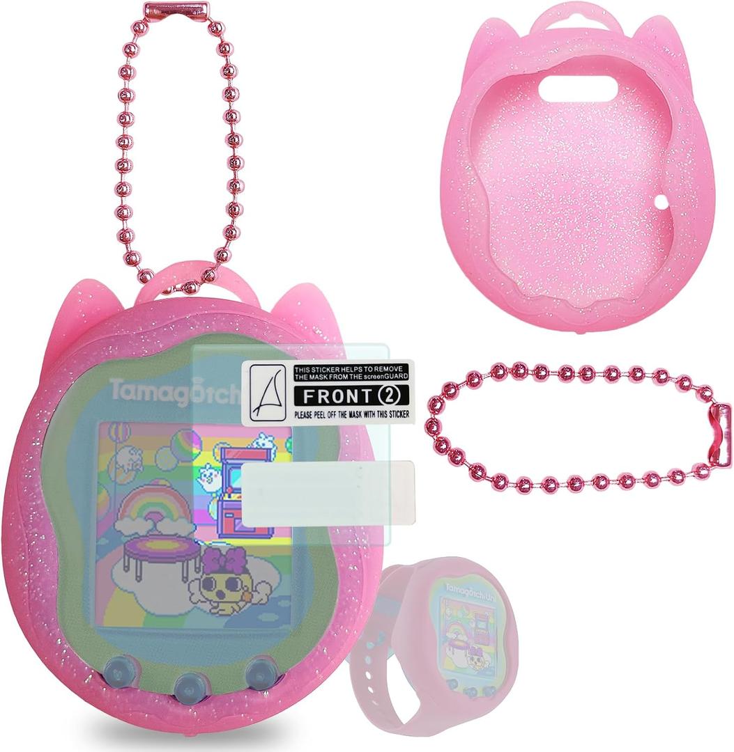 JCHPINE Silicone Case Replacement for Tamagotchi Uni, Screen Protector for Tamagotchi Uni Band Pet Accessories (Pink Silicone Case and Screen Film)