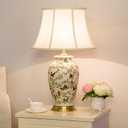 White 27" Flower and Bird Ceramics Table Lamp Chinoiserie Desk Lamp,Fabric Drum Shade,Gold Base, Tall Table Lamp Decor for Living Room Bedroom Bedside Office College Bookcase